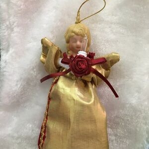 Gold Angel Ornament with Red Rose Accent